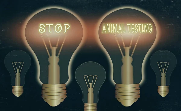 Εγγραφή σημειώματος που δείχνει Stop Animal Testing Επαγγελματική photo showcasing θέσει τέλος στον πειραματισμό των ζώων ή την έρευνα Ρεαλιστική έγχρωμες λάμπες vintage, ιδέα λύση σημάδι. — Φωτογραφία Αρχείου