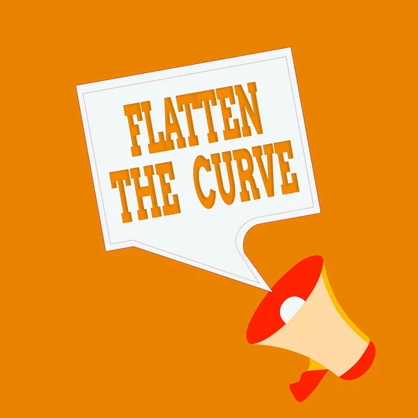 Woord schrijven tekst Flatten The Curve. Business concept voor het verhogen van een bewustzijn over het vertragen van de snelheid van de infectieziekte Megaphone en Blank Bordered Square Speech Bubble Public Announcement. — Stockfoto