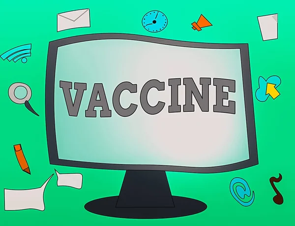 Texte manuscrit Vaccin. Concept signifiant préparation de micro-organismes tués ou d'organismes vivants atténués icônes du logiciel d'application Web entourant le moniteur d'ordinateur monté à blanc. — Photo