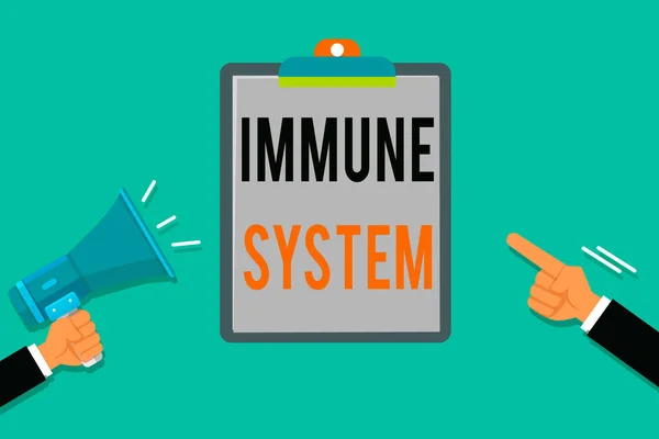 Word writing text Immune System. Business concept for Complex network work together to defend against germs Two Hu analysis Hands Holding Megaphone another Pointing to a Blank Clipboard. — Stock Photo, Image