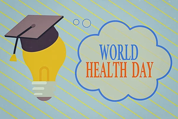 Texte écrit Journée mondiale de la santé. Concept d'entreprise pour la journée mondiale de sensibilisation à la santé célébrée chaque année le 7 avril Plafond de graduation 3D Penser reposant sur l'ampoule avec bulle de pensée Cloud vierge. — Photo