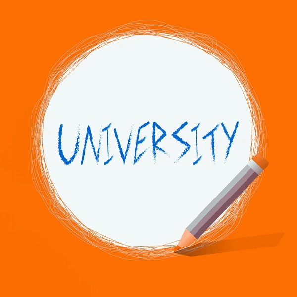 Text sign showing University. Conceptual photo an educational institution designed to teach and investigate Freehand Scribbling of circular lines Using Pencil on White Solid Circle. — Stock Photo, Image