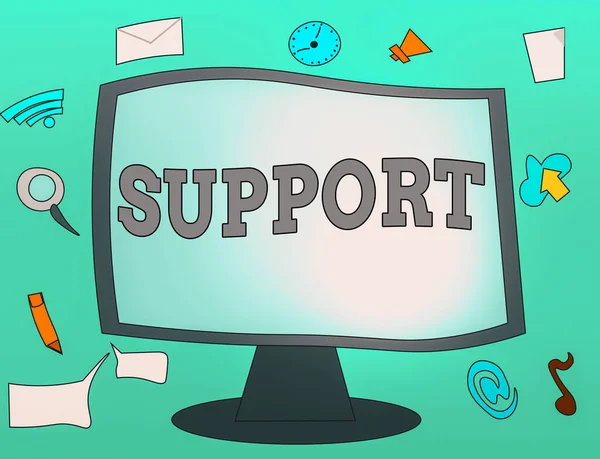 Handwriting text Support. Concept meaning maintain, sustain, uphold all mean to hold up and to preserve Web Application Software icons Surrounding Blank Mounted Computer Monitor. — Stock Photo, Image