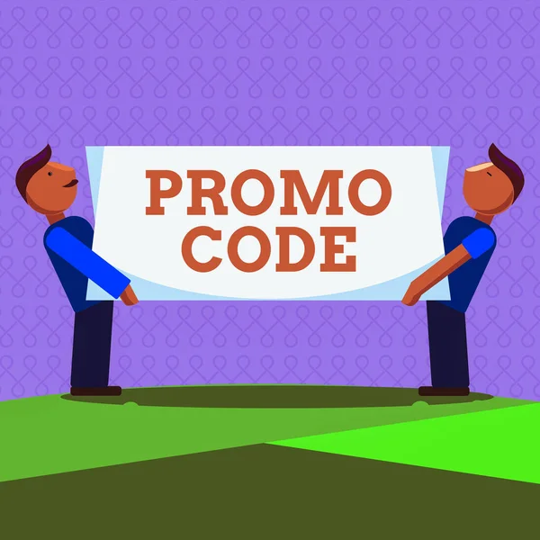 Word writing text Promo Code. Business concept for letters or numbers that allows getting a discount on something Two Men Standing Carrying Rectangular Blank Panel Board on Both Sides.