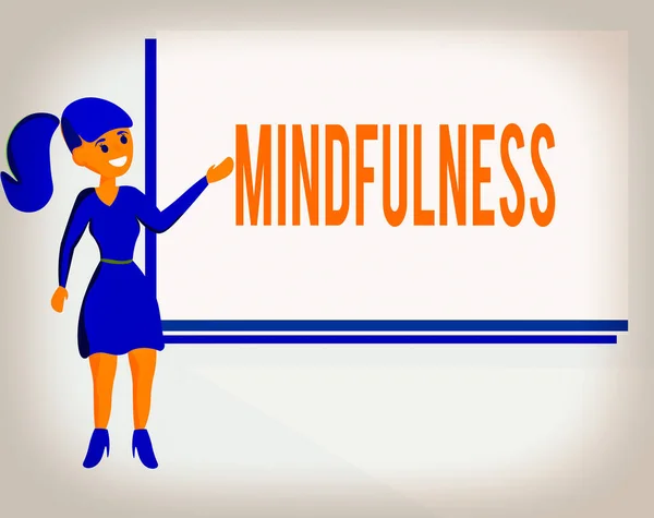 Text sign showing Mindfulness. Conceptual photo state of mind attained by concentrating one s is attention Wo analysis Standing Talking Hand Presenting Audio Visual Blank Projector Screen. — Stock Photo, Image