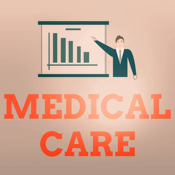 Writing note showing Medical Care. Business photo showcasing the professional attention of medical practitioners in health Man in Business Suit Pointing a Board Bar Chart Copy Space. — Stock Photo, Image