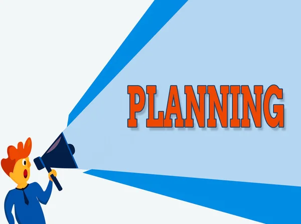 Text sign showing Planning. Conceptual photo achieving desired results is the first and foremost assignment Man Standing Talking Holding Megaphone with Extended Volume Pitch Power.