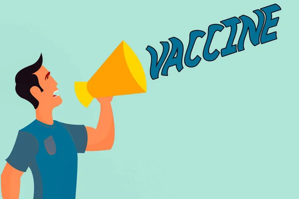 Skriva text med handstil Vaccin. Begreppet "beredning av dödade mikroorganismer eller levande försvagade organismer Man in Shirt Standing Talking Holding a Megaphone Man Calling Out onto. — Stockfoto