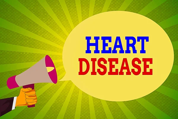 Handwriting text writing Heart Disease. Concept meaning A type of disease that affects the heart or blood vessels Hu analysis Hand Holding Megaphone and Blank Oval Speech Bubble over Sunburst. — Stock Photo, Image