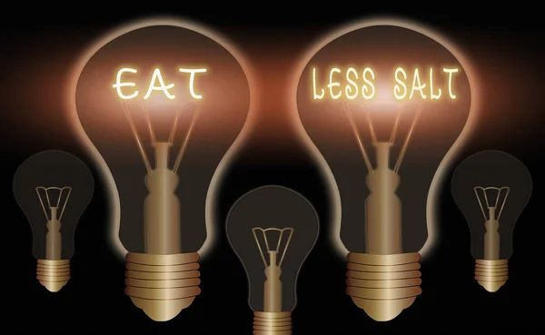 Writing note showing Eat Less Salt. Business photo showcasing reducing the sodium intake on the food and beverages Realistic colored vintage light bulbs, idea sign solution. — Stock Photo, Image
