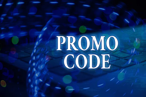 Handwriting text Promo Code. Concept meaning letters or numbers that allows getting a discount on something Futuristic digital image wallpaper in bokeh lights abstract background.