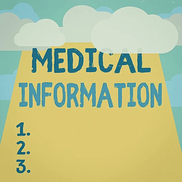 Text sign showing Medical Information. Conceptual photo an individual demographic information and medical histories Blank Clouds Halftone above Empty Vertical Rectangular Board Text space.