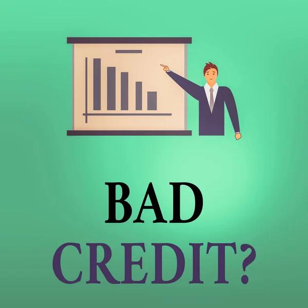 Conceptual hand writing showing Bad Credit Question. Business photo text a bad credit score due to nonpayment of loans Man in Business Suit Pointing a Board Bar Chart Copy Space. — Stock Photo, Image