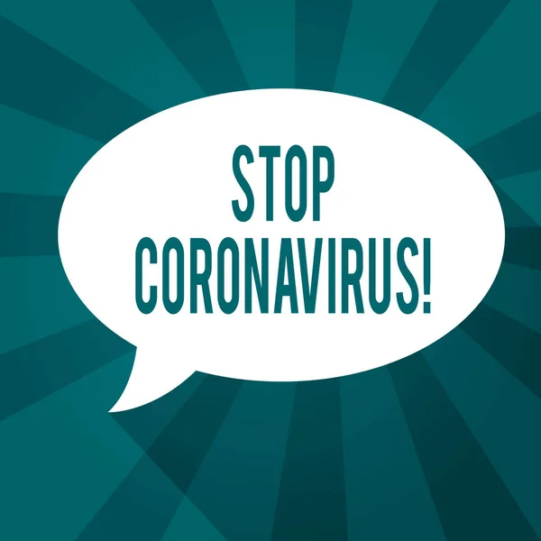 Skriva lapp som visar Stoppa Coronavirus. Business photo showcasing Disease awareness campaign fighting to lessen the COVID19 cases Oval Speech Bubble solid färg och skugga Burst bakgrund. — Stockfoto