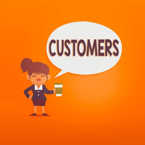 Handwriting text Customers. Concept meaning individual or organization purchasing products or services Female Hu analysis Wearing Uniform Holding a coffee To Go Cup and Speech Bubble. — Stock Photo, Image