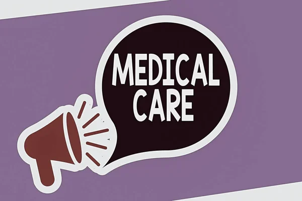 의료 서비스를 보여 주는 문자 표지판. 컨셉트 사진 건강 Megaphone 에서 의료 종사자의 전문적 인 치료에 대한 관심 Loudness icon 과 Blank Speech Bubble in Sticker Style. — 스톡 사진