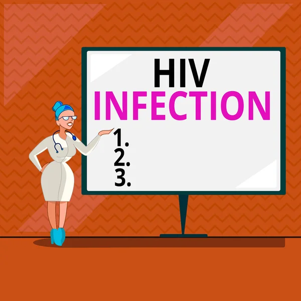 Word writing text Hiv Infection. Business concept for A disease of the immune system due to the infection of HIV Female Doctor with Stethoscope Standing Hand Presenting Blank Whiteboard.