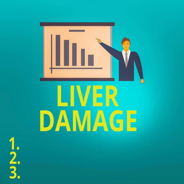 Teksten met leverbeschadiging. Conceptuele foto elke stoornis van de lever Cirrose of littekenvorming van de lever Man in Business Suit Standing Pointing a Board with Bar Chart Copy Space. — Stockfoto