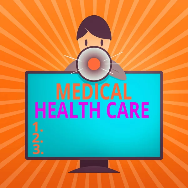 Conceptual hand writing showing Medical Health Care. Business photo showcasing restoration of our physical and mental wellbeing Man Behind mounted PC Monitor Talking and Holding Megaphone. — Stock Photo, Image