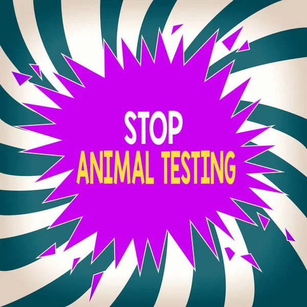 Conceptual hand writing showing Stop Animal Testing. Business photo text put an end on animal experimentation or research Exploding Cracking Breaking Speech Bubble Sound on Burst. — Stock Photo, Image