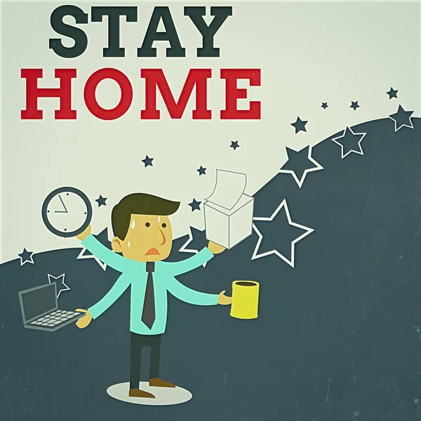 Texto para escrita de palavras Stay Home Save Lives. Conceito de negócio para diminuir o número de pacientes infectados por não sair de casa Stressed Out Male Employee Manager Many Armed Multitasking Meet Deadline . — Fotografia de Stock