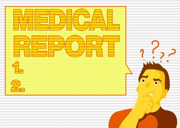 Kézírás szöveg orvosi jelentés. Koncepció jelentése jelentés egy beteg orvosi vizsgálatának eredményeiről Man Express Confused Hand on Mouth Kérdés Mark ikon Üres szövegbuborék. — Stock Fotó