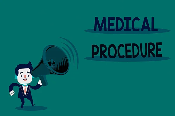 Conceptual hand writing showing Medical Procedure. Business photo text a course of action intended to achieve a result of healthcare Man in Suit Earpad Moving Holding Megaphone with Sound icon. — Stock Photo, Image
