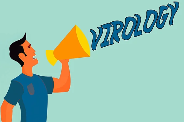 Handstil text skriva virologi. Begreppet mening gren av vetenskap som handlar om olika virala medel och sjukdom Man in Shirt Standing Talking Holding en Megaphone Man ringer ut på. — Stockfoto