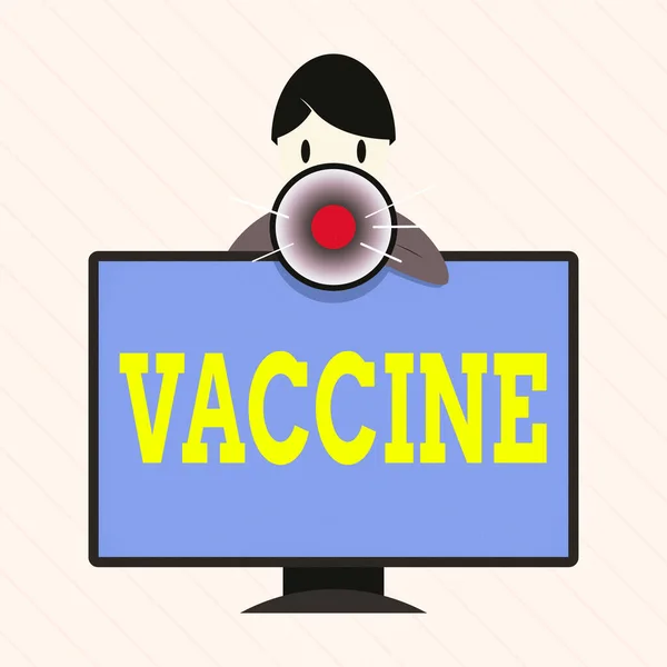 Word writing text Vaccine. Business concept for preparation of killed microorganisms or living attenuated organisms Man Standing Behind mounted PC Monitor Screen Talking and Holding Megaphone. — Stock Photo, Image