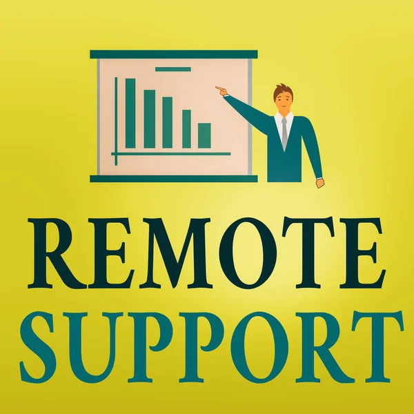 Word writing text Remote Support. Business concept for type of secure service, which permits representatives to help Man in Business Suit Standing Pointing a Board with Bar Chart Copy Space. — Stock Photo, Image