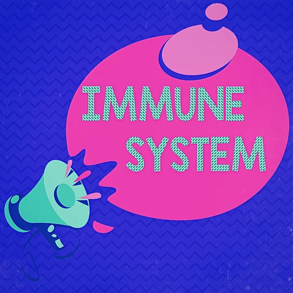 Pisanie tekstu Immune System. Koncepcja biznesowa dla złożonej sieci współpracy w celu ochrony przed zarazkami Megafon z ikoną Efekt dźwiękowy i puste rundy Halftone Myśl Bubble. — Zdjęcie stockowe