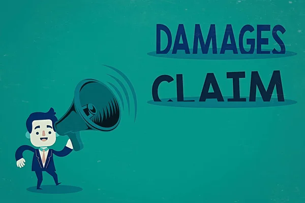 Conceptual hand writing showing Damages Claim. Business photo text seeks to repair the damages or liability of the victim party Man in Suit Earpad Moving Holding Megaphone with Sound icon.