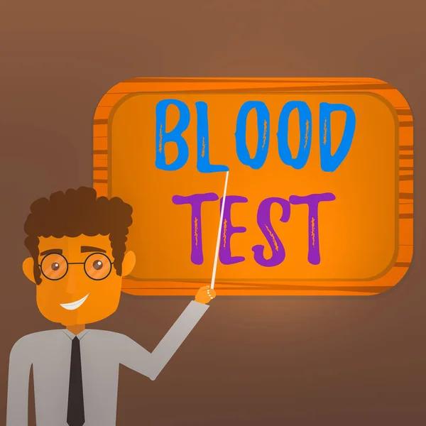 显示血液检测的文字标志。概念照片从生物体中提取血液样本，用于实验室分析人站立时，手持棍子指向墙壁上的空白色板. — 图库照片