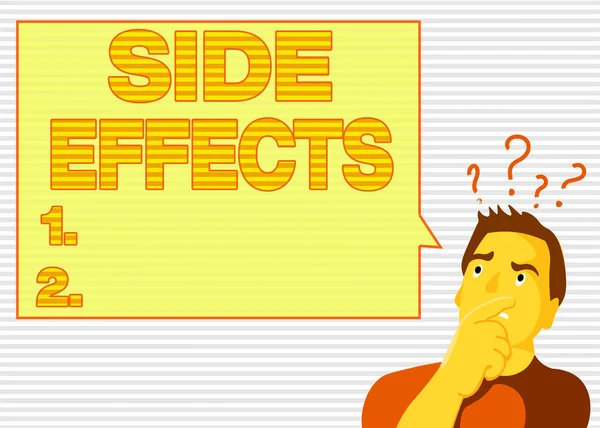 Texto de escritura a mano Efectos secundarios. Concepto significado Típicamente efecto indeseable de una droga o tratamiento médico Hombre Expresión de la mano confundida en la boca icono de la marca de interrogación Texto en blanco Burbuja . —  Fotos de Stock