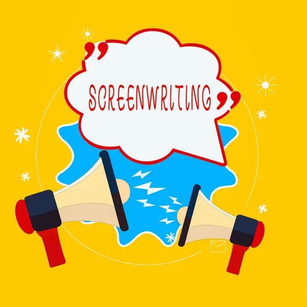 Word writing text Screenwriting. Geschäftskonzept für die Kunst und das Handwerk des Drehbuchschreibens für die Medienkommunikation Blank Speech Bubble mit Anführungszeichen Zwei Megaphone schreien und argumentieren. — Stockfoto