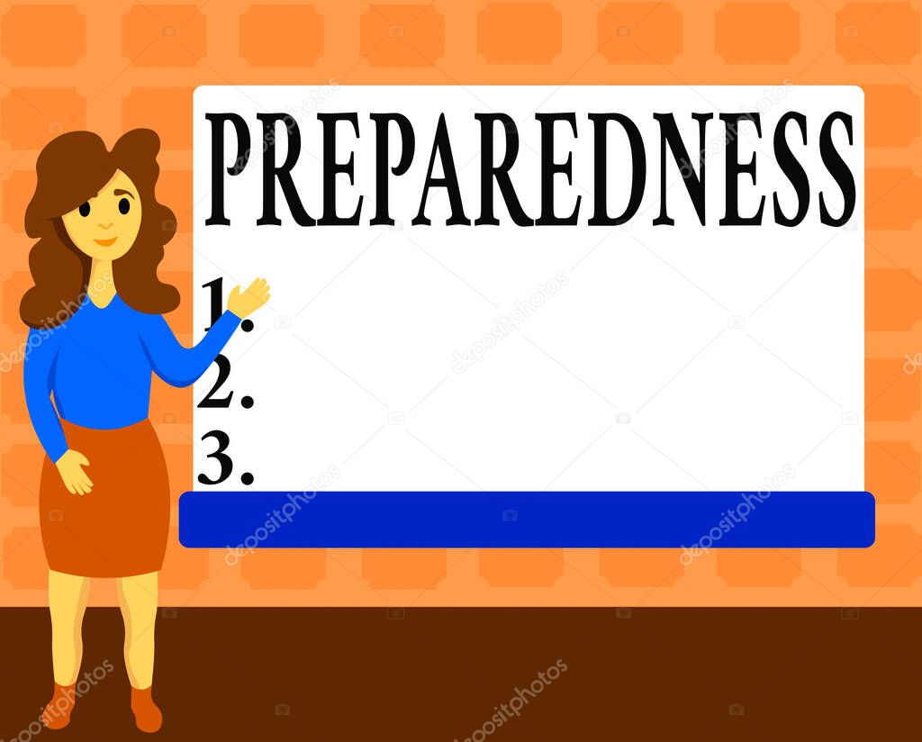 Text sign showing Preparedness. Conceptual photo quality or state of being prepared in case of unexpected events Female Hu analysis Standing Hand Presenting Rectangular Blank Whiteboard.