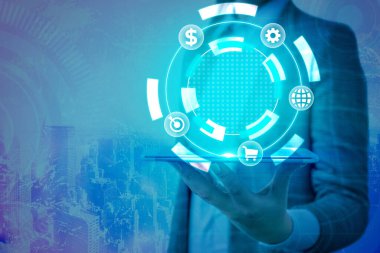 Bilgi işlem elemanları ve düz simgelerle bilgi işlem. En Son Dijital Teknoloji, Sosyal Medya, Ağ Bağlantısı ve İletişim, İş, Mali Konsept.