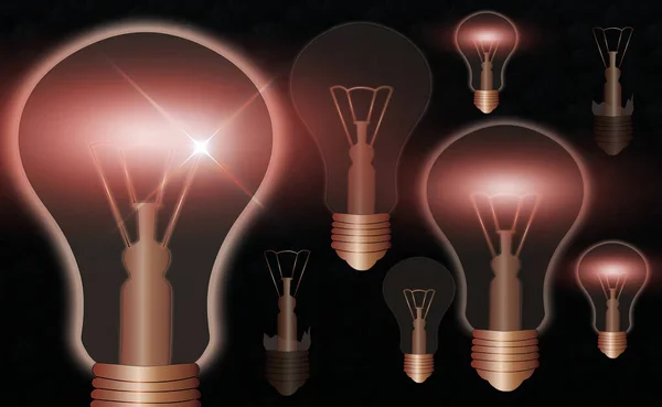 Realistyczne i kolorowe Vintage świecące żarówki przejrzysty zestaw z dołączonymi lampami w stylu Loft ilustracji. Płaski projekt graficzny, znak pomysłów, rozwiązanie, koncepcja myślenia. — Zdjęcie stockowe