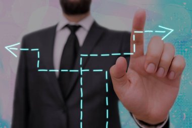 Bireysel bir şüphe, iki seçenek arasında seçim yapmak zorunda kalmak karşı istikameti işaret eden oklarla gösterilir. Rekabet Metaforu Değişen Görünümlerdeki Rekabetçilik Sembolü.