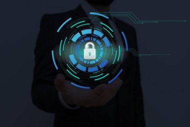 Sanal ekrandaki en son dijital teknolojinin grafikleri asma kilit güvenliği. Güvenli İnternet Ağı Web Veri Uygulama Sistemi.