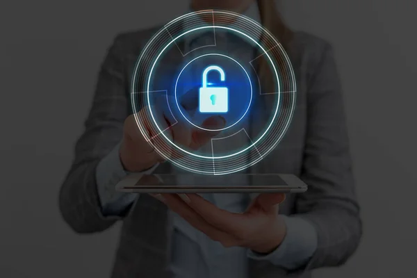 Graphics Of Latest Digital Technology Protection Data Padlock Security On The Virtual Display. Businessman With Lock To Secure. — Stock Photo, Image