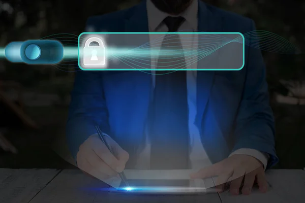 Graphics Of Latest Digital Technology Protection Data Padlock Security On The Virtual Display. Businessman With Lock To Secure. — Stock Photo, Image