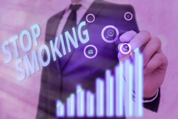 Text sign showing Stop Smoking. Conceptual photo the process of discontinuing or quitting tobacco smoking Arrow symbol going upward denoting points showing significant achievement. — Stock Photo, Image