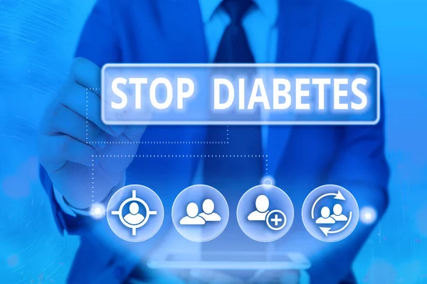 Piszę notatkę z "Stop cukrzycy". Prezentacja zdjęć biznesowych zapobiega chorobom podwyższonego poziomu glukozy we krwi Elementy infograficzne sieci informatycznej. — Zdjęcie stockowe