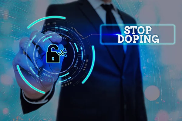 Eine schriftliche Notiz mit der Aufschrift Stop Doping. Geschäftskonzept für den Ausstieg aus der Verwendung verbotener leistungssteigernder Medikamente Grafisches Vorhängeschloss für das Anwendungssystem zur Datensicherheit im Web — Stockbild Eine schriftliche Notiz mit der Aufschrift Stop Doping. Geschäftliches Foto, das den Verzicht auf verbotene leistungssteigernde Medikamente zeigt Grafik-Vorhängeschloss für das Anwendungssystem zur Datensicherheit im Web. — Stockfoto