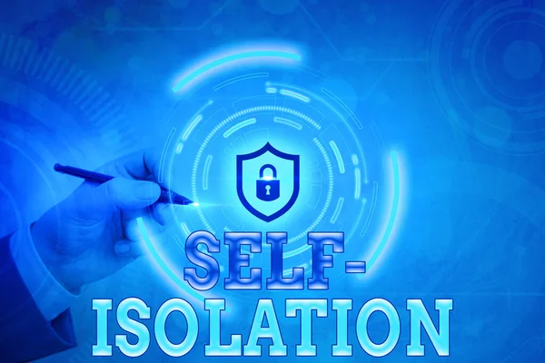 Conceptual hand writing showing Self Isolation. Business photo showcasing promoting infection control by avoiding contact with the public Graphics padlock for web data security application system.