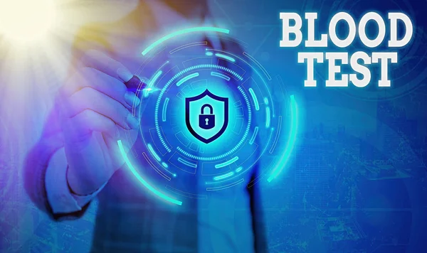 Conceptual hand writing showing Blood Test. Business photo showcasing Extracted blood sample from an organism to perfom a laboratory analysis Graphics padlock for web data security application system.