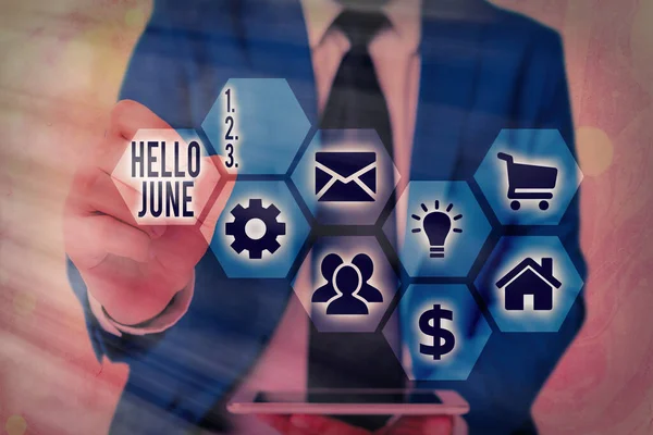 Conceptual hand writing showing Hello June. Business photo text a new month to plan your activities for fun and adventures Grids and different icons latest digital technology concept.