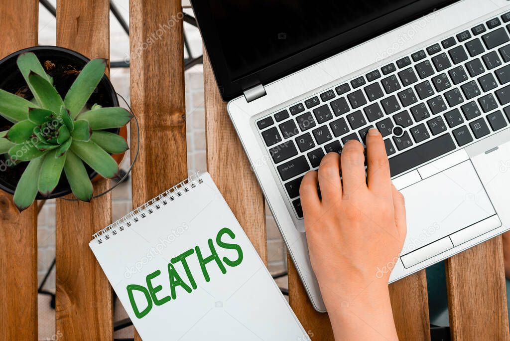 Text sign showing Deaths. Conceptual photo permanent cessation of all vital signs, instance of dying individual Personal workplace overview with laptop device used for individual interest.