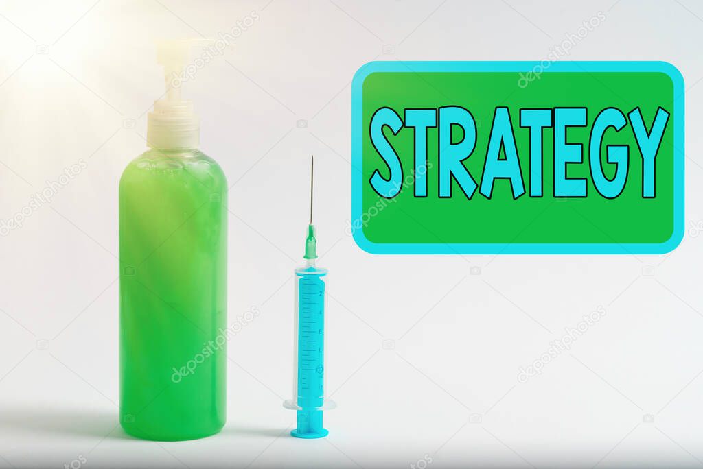 Text sign showing Strategy. Conceptual photo action plan or strategy designed to achieve an overall goal Primary medical precautionary equipments for health care protection.